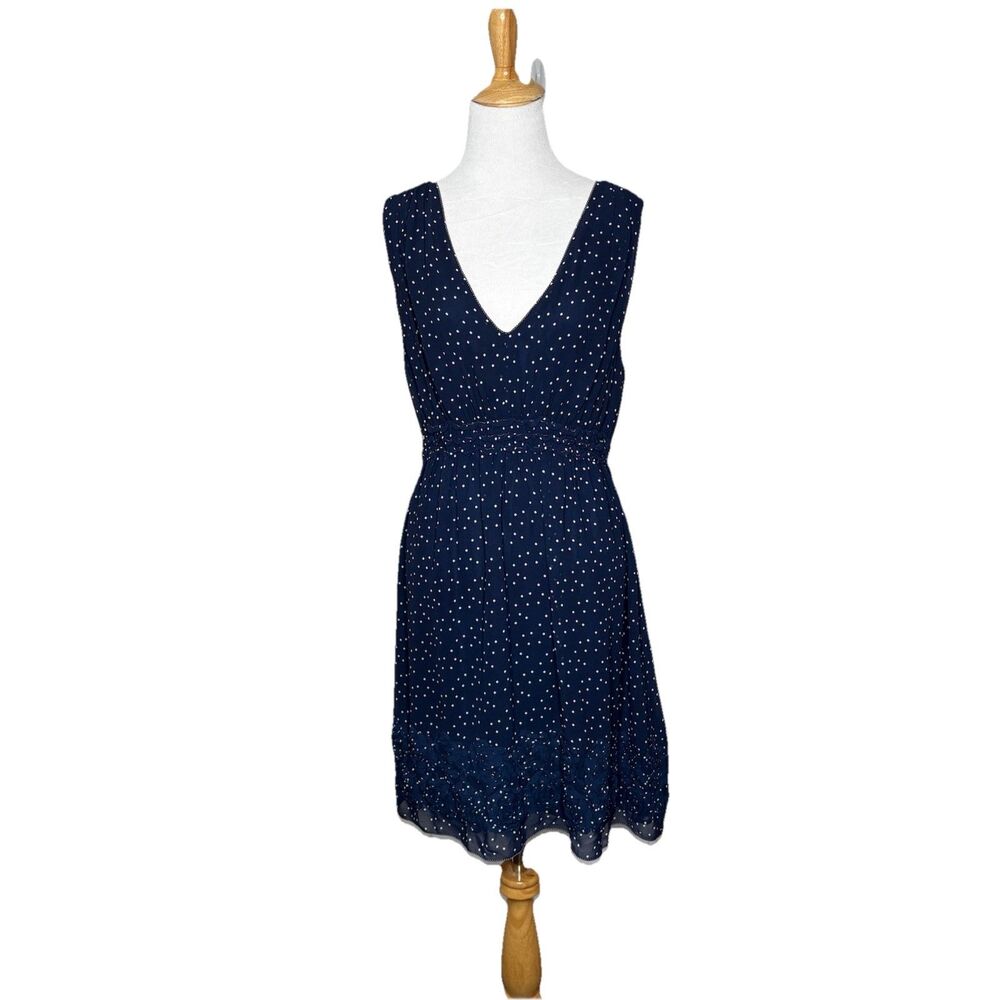 Sophie Max Navy Blue White Polka Dot Sheath Dress Size L floral applique at hem